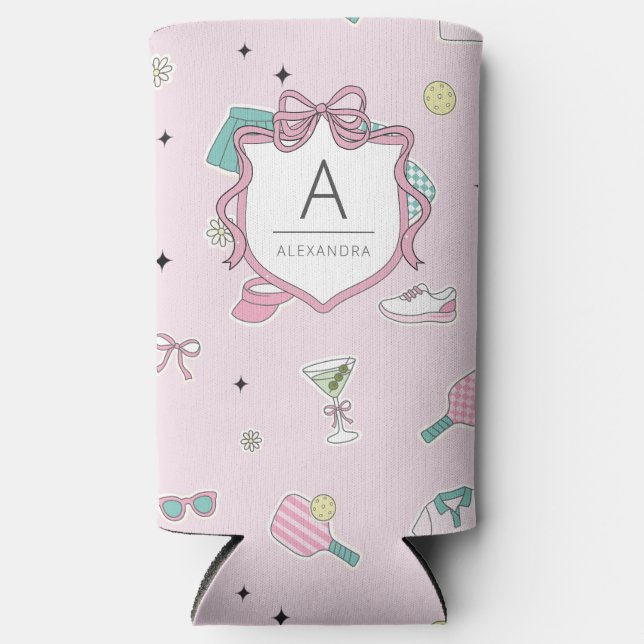 Preppy Pink Monogram Pickleball Gift for Her Seltzer Can Cooler (Front)