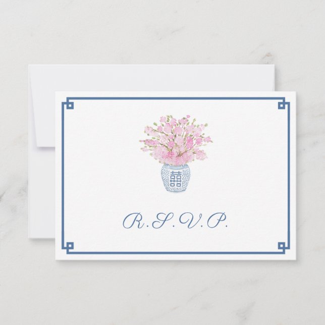 Preppy Pink & Navy Blue Wedding Food Choices RSVP Card (Front)