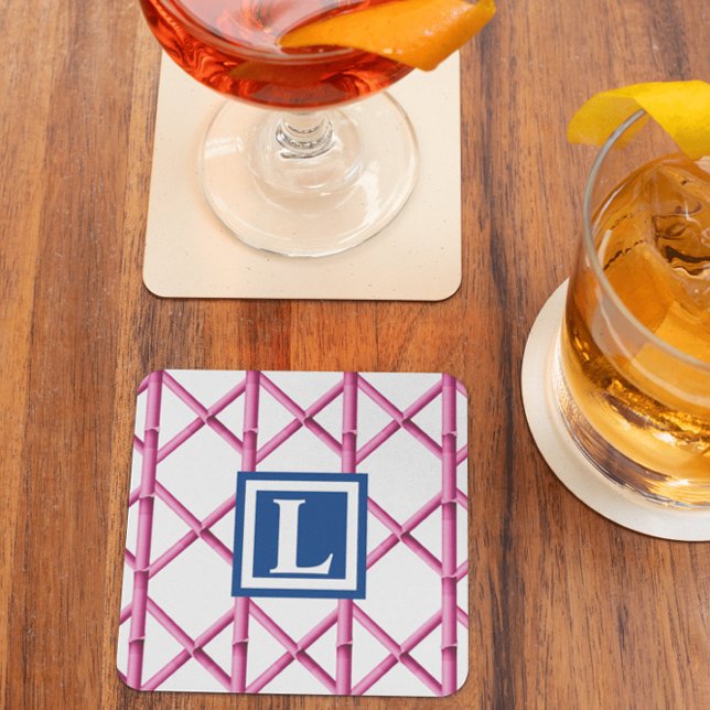 Preppy Pink Navy Trellis Bamboo Pattern Monogram Coaster (Creator Uploaded)