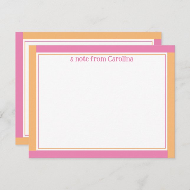 Preppy Pink & Orange Border Custom Name Stationery Card (Front/Back)