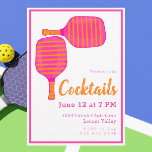 Preppy Pink Orange Pickleball Cocktail Party Invitation