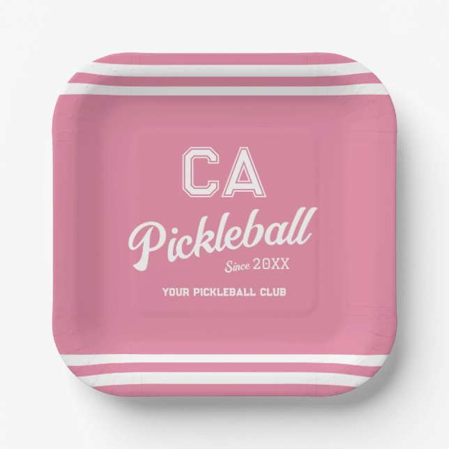 Preppy Pink Pickleball Club Custom Crest Party Paper Plate (Front)