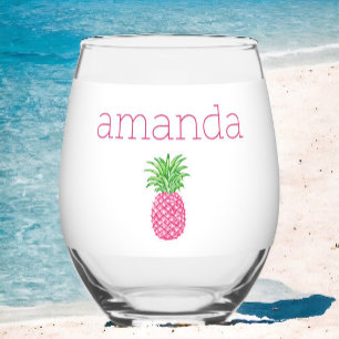 Preppy Pink Pineaaple Personalised  Stemless Wine Glass