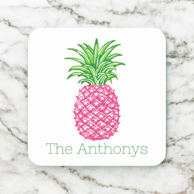 Preppy Pink Pineapple Personalised  Square Paper Coaster (Creator Uploaded)