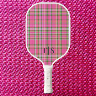 Preppy Pink Plaid Monogram Girly Tartan Pickleball Paddle