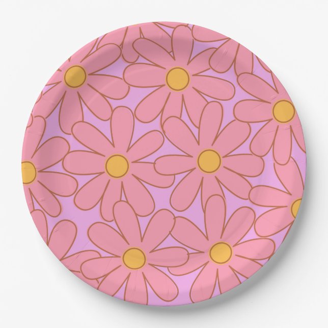 Preppy Pink Purple Floral Simple Flower Pattern Paper Plate (Front)