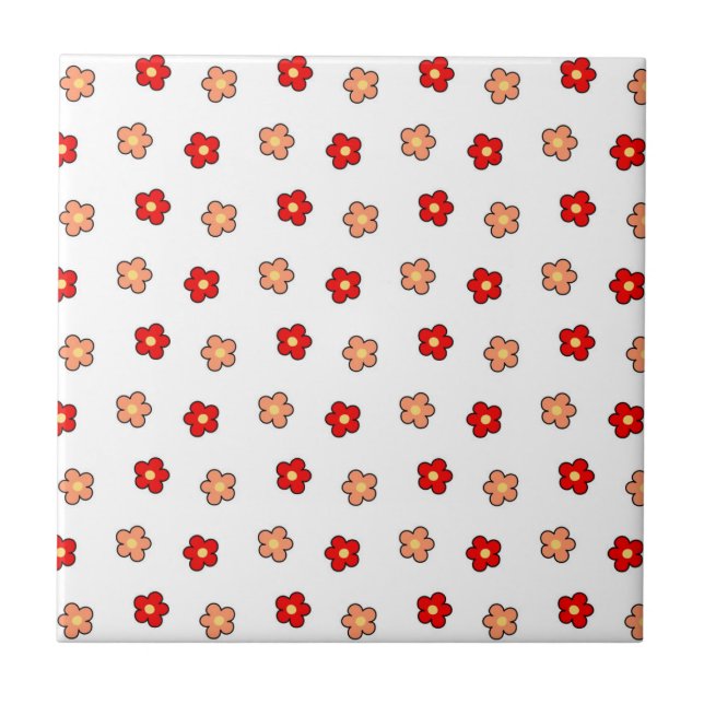 Preppy Pink Red Flower Pattern White Background Tile (Front)