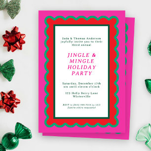 Preppy Pink Red Green Simple Scalloped Christmas Invitation