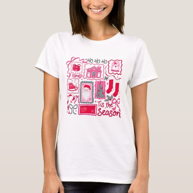 Preppy Pink & Red Tis the Season Christmas Collage T-Shirt (Front)