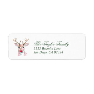 Preppy Pink & Red Watercolor Deer Return Address