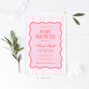 Preppy Pink Red Wavy Baby Shower Girl Invitation