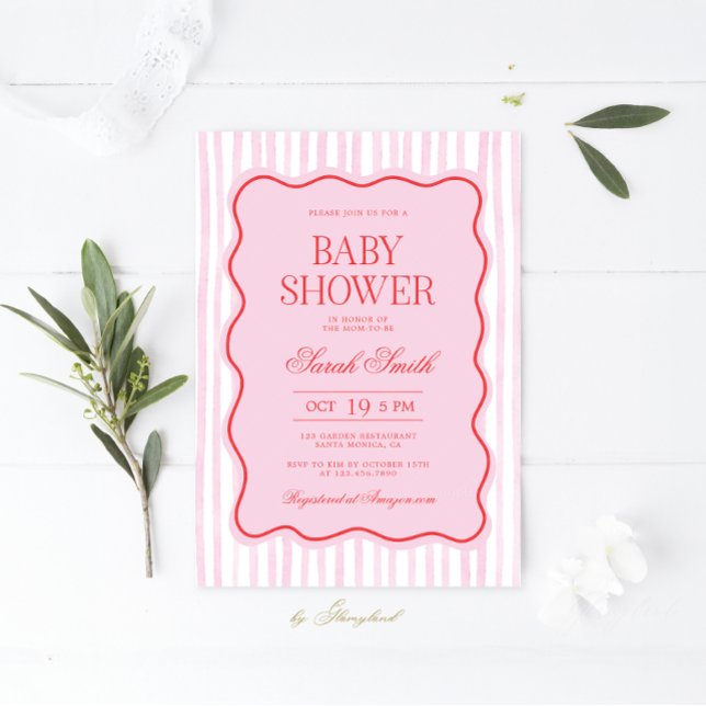 Preppy Pink Red Wavy Baby Shower Girl Invitation (Creator Uploaded)