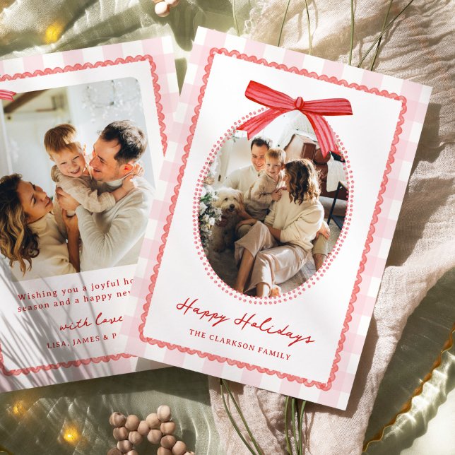 Preppy Pink & Red Whimsical Bow Holiday Card (Creator Uploaded)