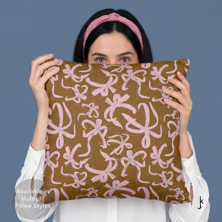 Preppy Pink Ribbon Bows Pattern in Chocolate Brown Cushion