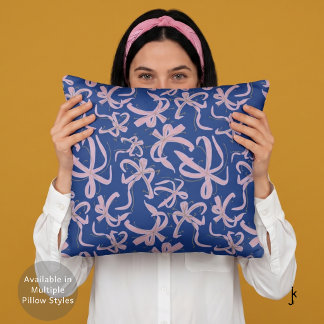 Preppy Pink Ribbon Bows Pattern in Dark Blue Cushion