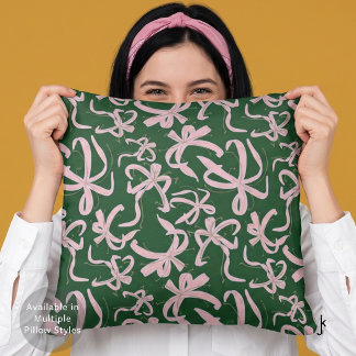 Preppy Pink Ribbon Bows Pattern in Dark Pine Green Cushion