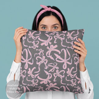 Preppy Pink Ribbon Bows Pattern in Satin Grey Cushion