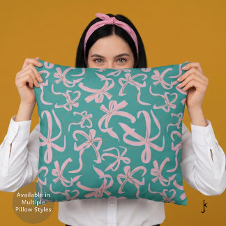 Preppy Pink Ribbon Bows Pattern in Teal Green Cushion