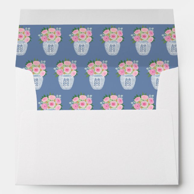 Preppy Pink Roses Navy Blue Wedding Shower Envelope (Back (Bottom))
