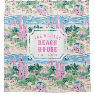 Preppy Pink Sand Castle Beach House Shower Curtain