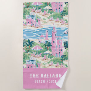 Preppy Pink Sand Castle   Beach House Towel