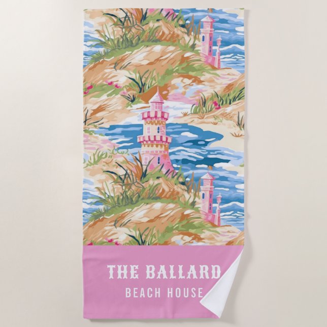 Preppy Pink Sand Castle on a Hill | Beach House Beach Towel (Front)