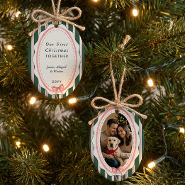 Preppy Pink Stripe First Christmas Together Photo Ceramic Tree Decoration