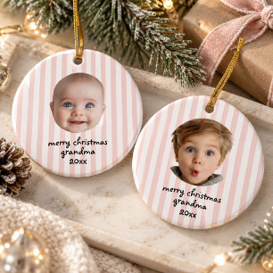 Preppy Pink Stripe Merry Christmas Grandma Photo Ceramic Tree Decoration