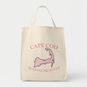 Preppy Pink Striped Cape Cod Silhouette Grocery Tote Bag