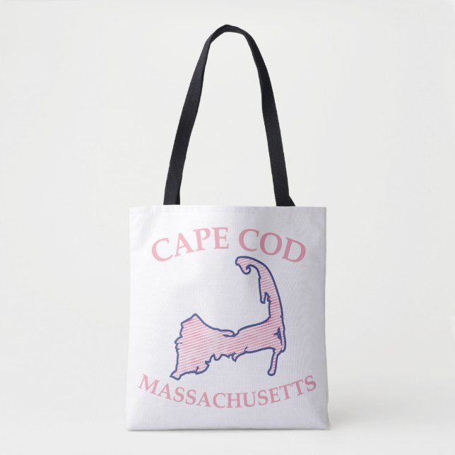 Preppy Pink Striped Cape Cod Silhouette Shoulder Tote Bag (Front)