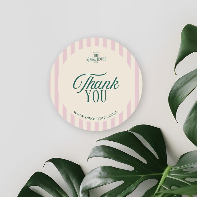 Preppy Pink Striped Retro Business Logo Thank You Classic Round Sticker (Creator Uploaded)