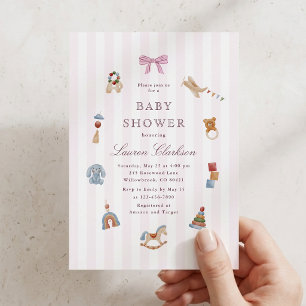 Preppy Pink Striped Rocking Horse Baby Shower Invitation