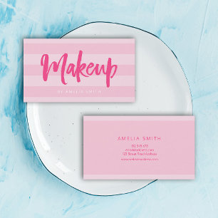 Preppy Pink Stripes Brush Script Makeup Business Card