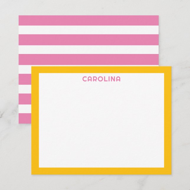 Preppy Pink Stripes & Deep Yellow Cute Girly Note Card (Front/Back)