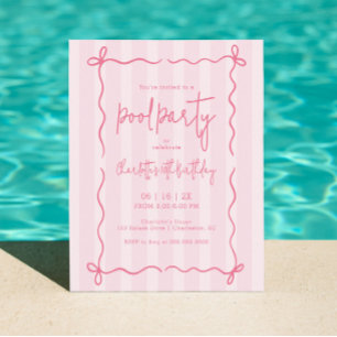 Preppy Pink Stripes Pool Birthday Invite Girl