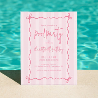 Preppy Pink Stripes Pool Birthday Invite Girl