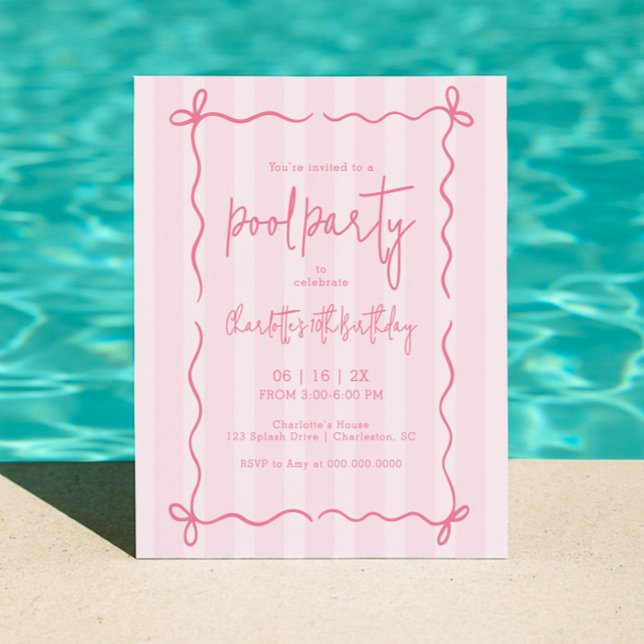 Preppy Pink Stripes Pool Birthday Invite Girl (Creator Uploaded)