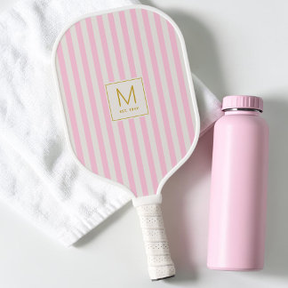 Preppy Pink Stripes Simple Gold Initial Monogram Pickleball Paddle