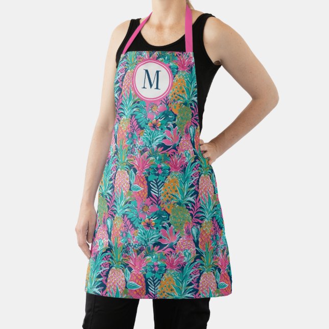 Preppy Pink Teal Navy Blue Pineapple Monogram Apron (Insitu)