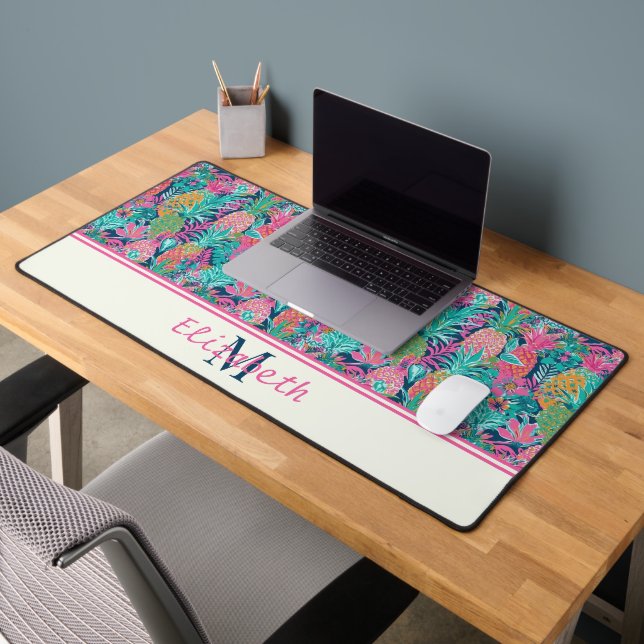 Preppy Pink Teal Navy Blue Pineapple Monogram Desk Mat (Office 2)
