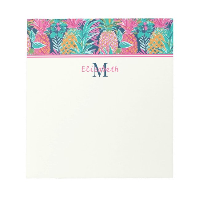 Preppy Pink Teal Navy Blue Pineapple Monogram Notepad (Front)