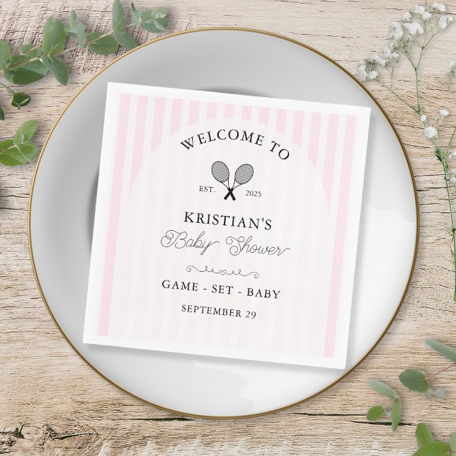 Preppy Pink Tennis Country Club Baby Shower Napkin (pink elegant tennis theme baby shower napkins for chic preppy country club stripes events girly fun)