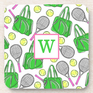 Preppy Pink Tennis Racquet Green Bag Monogram Coaster