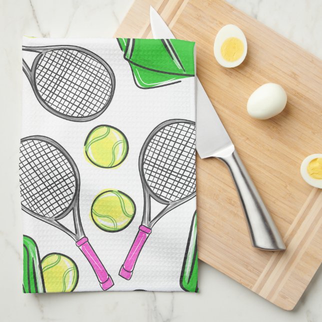 Preppy Pink Tennis Racquet Green Pattern Tea Towel (Quarter Fold)
