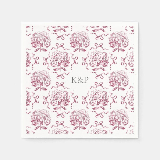 Preppy Pink Toile Hydrangea Bow with Name Napkin (Front)