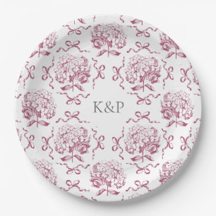 Preppy Pink Toile Hydrangea Bow with Name Paper Plate