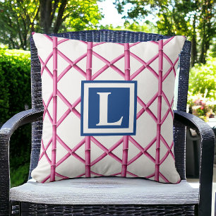 Preppy Pink Trellis Bamboo Pattern Monogram Cushion