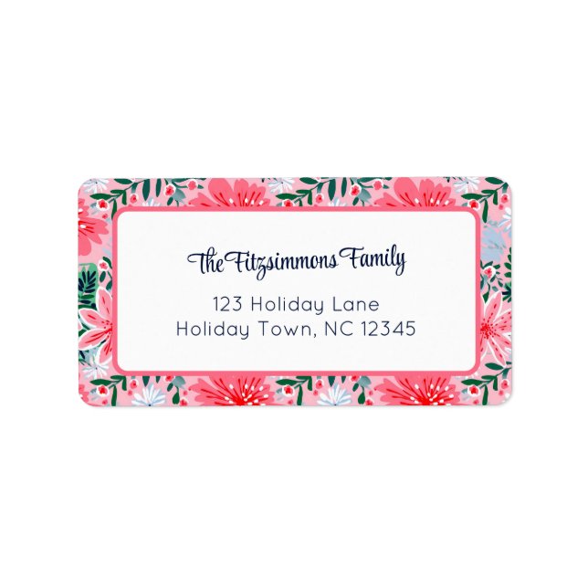 Preppy Pink Tropical Christmas Floral  Label (Front)