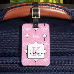 Preppy Pink White Bow Golf Pattern Monogram Luggage Tag