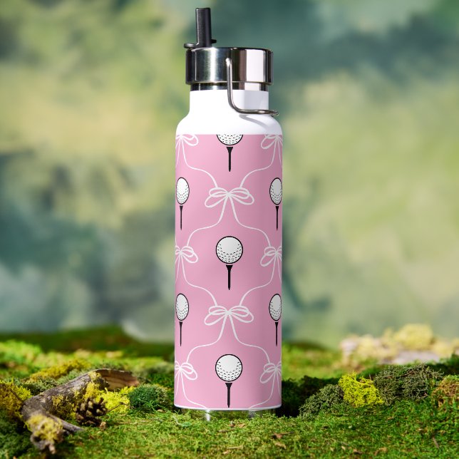 Preppy Pink White Bow Golf Pattern Water Bottle (Outdoor (Rotated))